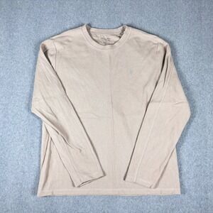 All Saints Sweater Mens Medium Knit Solid Beige Tan Crew Neck Logo Long Sleeve